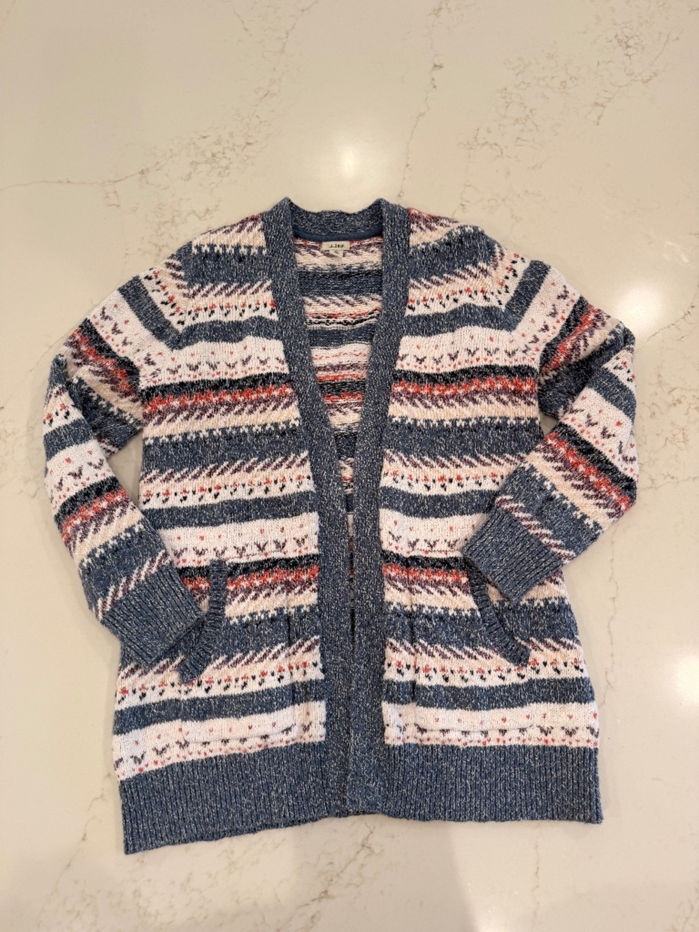 L.L.Bean Fair Isle Cardigan Sweater Large Cotton Knit Open Front Nordic Cozy